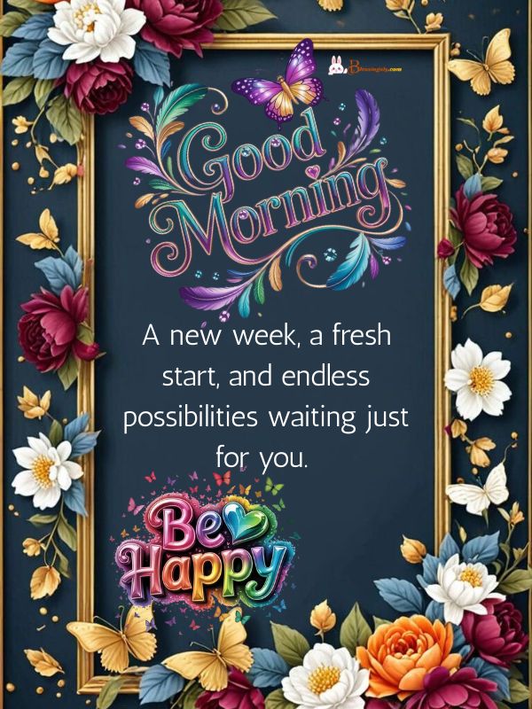 Sweet Good Morning Monday Blessings with grey flowery background 