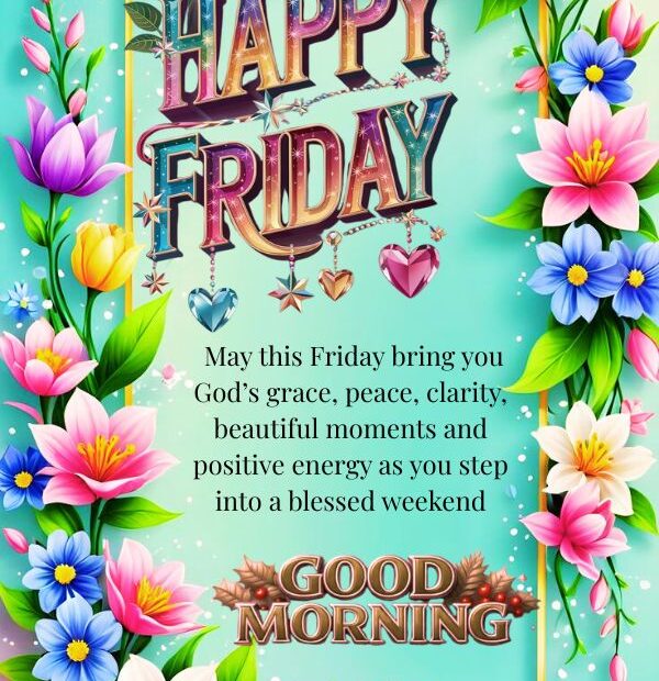Good Morning Friday Blessings with flower background.
