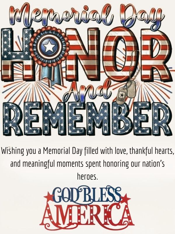 Memorial Day sayings and blessings image honoring fallen heroes with American flag, patriotic remembrance, military sacrifice, freedom, gratitude, and courage
