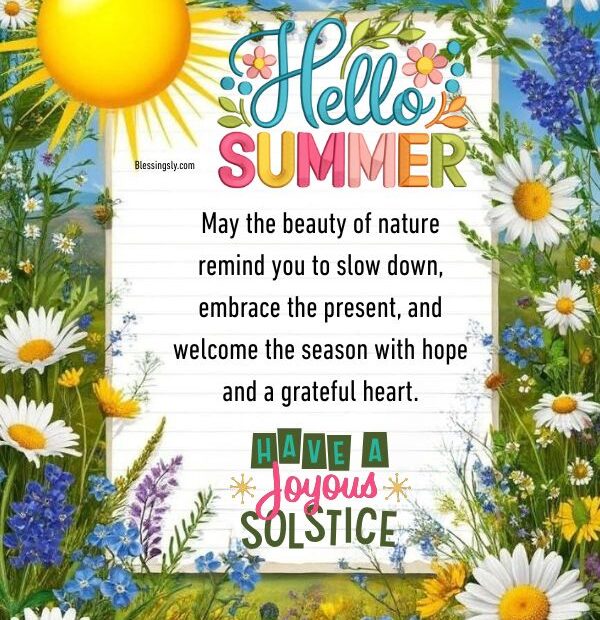 Happy Summer Solstice Blessing 2026 celebration with golden sunlight, nature renewal, and peaceful summer energy symbolizing longest day of the year and seasonal blessings